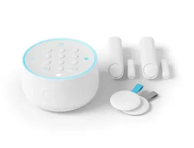 A white smart home security kit, including a keypad hub