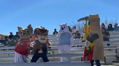 Four university mascots — a fox, cowboy, bear, and taco — stand on outdoor bleachers. Photo
